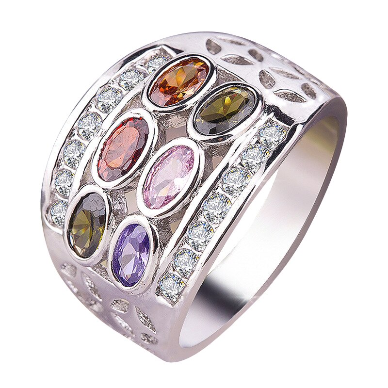 925 Sterling Silver Austrian Bohemian 6 Colour Rainbow Zircon Crystal Ring