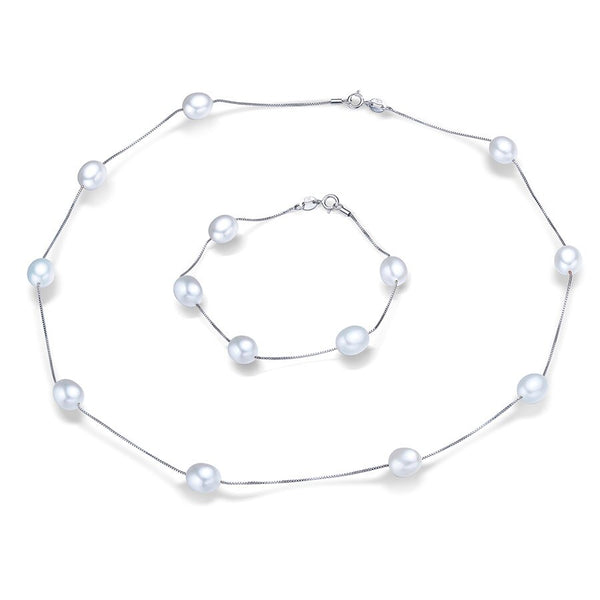 925 Sterling Silver Freshwater Pearl Necklace and Bracelet Set for Women