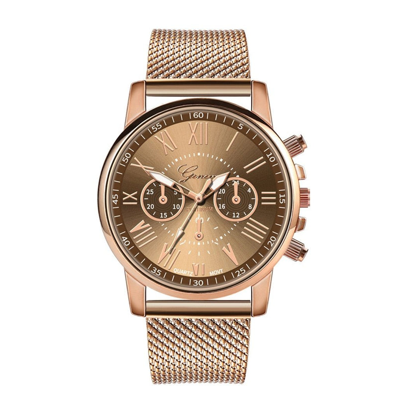 Luxury Rose Gold Dial Quartz Stainless Steel Strap Watch For Ladies
