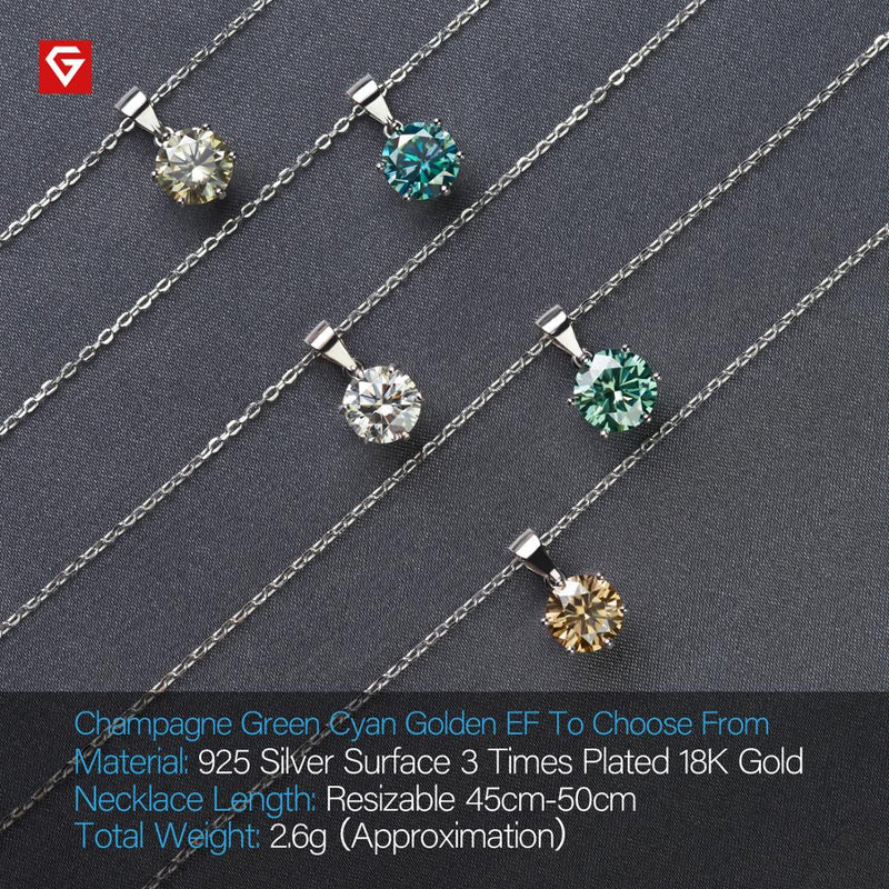 GIGAJEWE 18K White Gold Plated 925 Silver Necklace with 2.0ct 8mm White/Green/ Cyan/Champagne/Gold Moissanite Pendant
