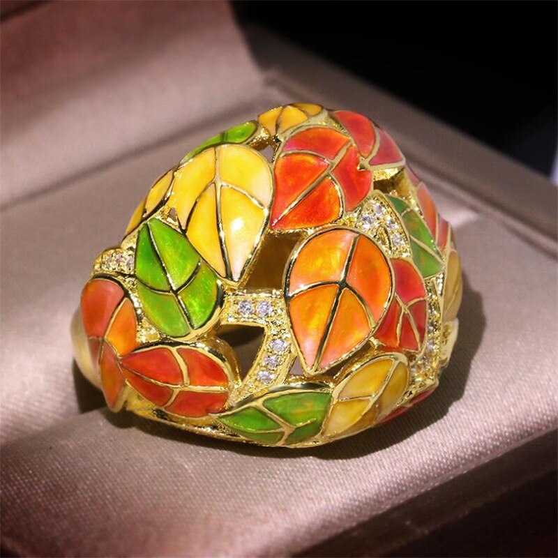 New Arrival Vintage Jewelry 925 Silver&Gold Fill Double Colorful AAA Cubic Zircon Enamel ring Women Wedding Leaf Band Ring Gift