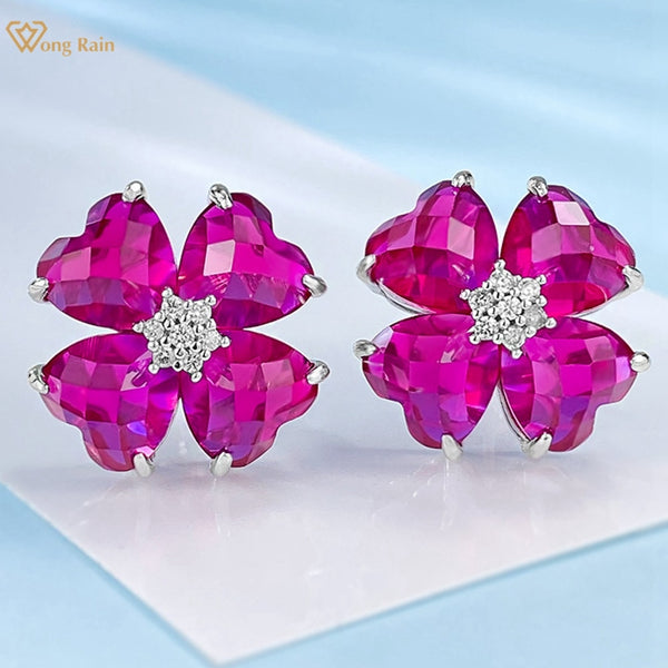 Sterling Silver Flower Ruby and Diamond Earrings for Women