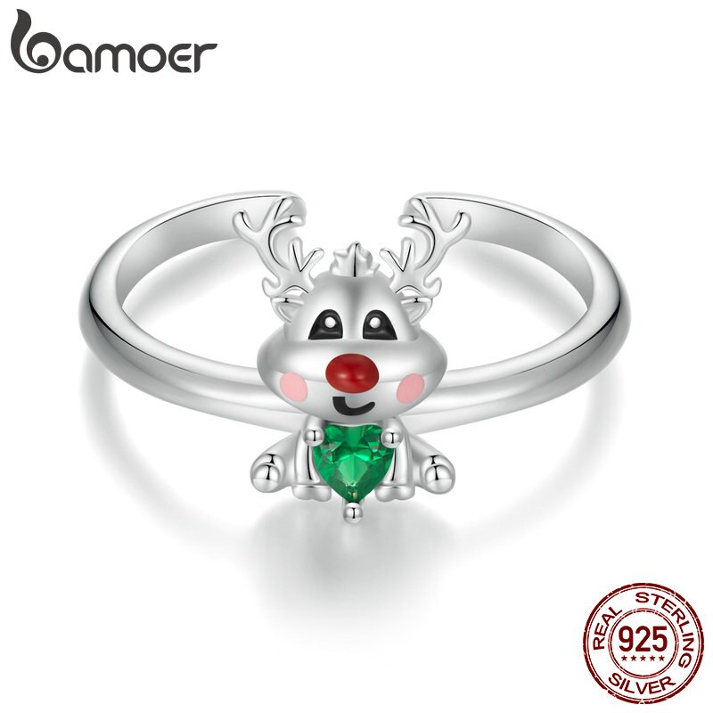 Sterling Silver Green Zircon Reindeer Adjustable Ring for Women