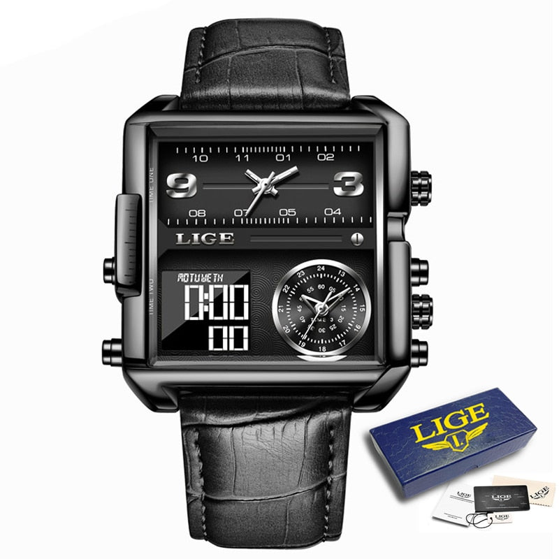 Gold Steel Square Digital Analog Quartz Watch for Man