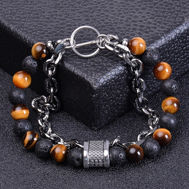 Stainless Steel Natural Map Stone Beaded Bracelet for Men