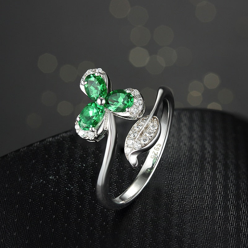 925 Sterling Silver Emerald Three Green Leaf Opening Ring for Women