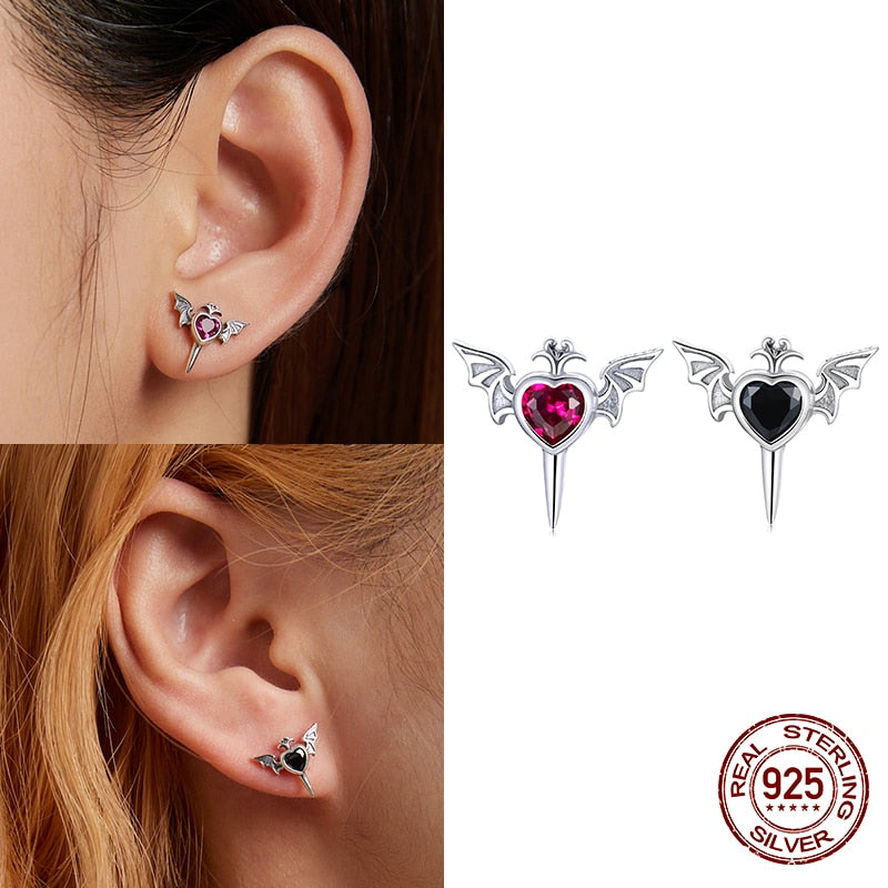 Sterling Silver Heart Wings Stud Earrings with Red & Black Zircon for Women