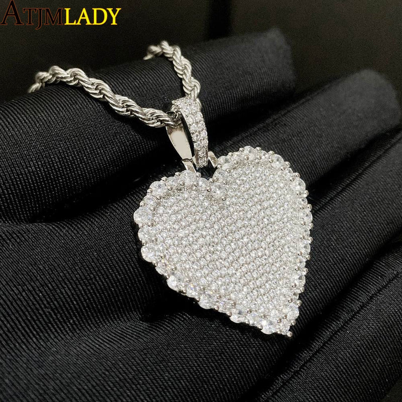 Sterling Silver Iced Out Sparking CZ Heart Shape Charm Necklace Pendant for Women and Men