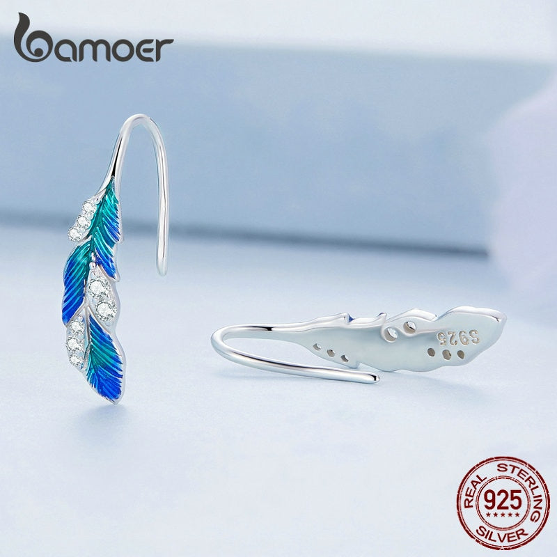 Bamoer 925 Sterling Silver Blue Feathers Earrings Pave Setting CZ for Women Birthday Gift Chic Dazzling Fine Jewelry BSE707