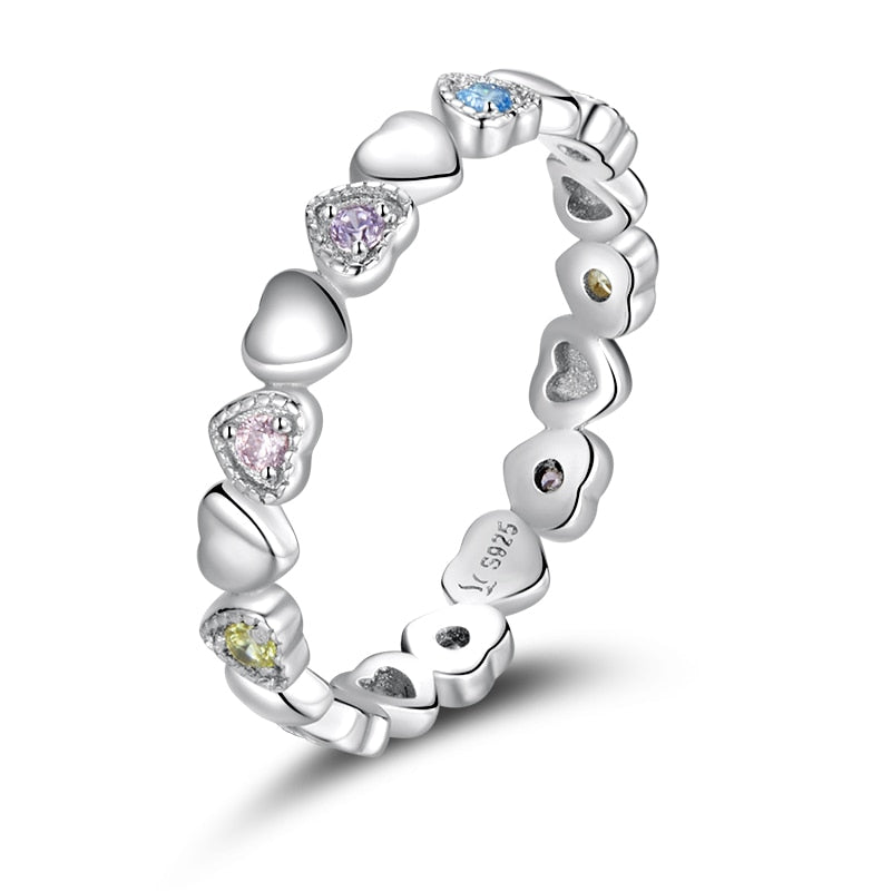 925 Sterling Silver Rainbow Zircon Heart Rings for Women