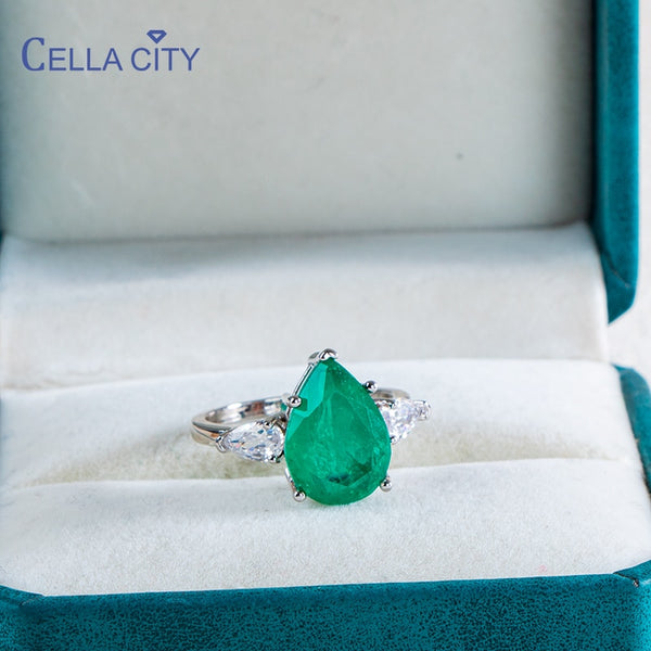 Sterling Silver Water Drop Emerald Ring for Women