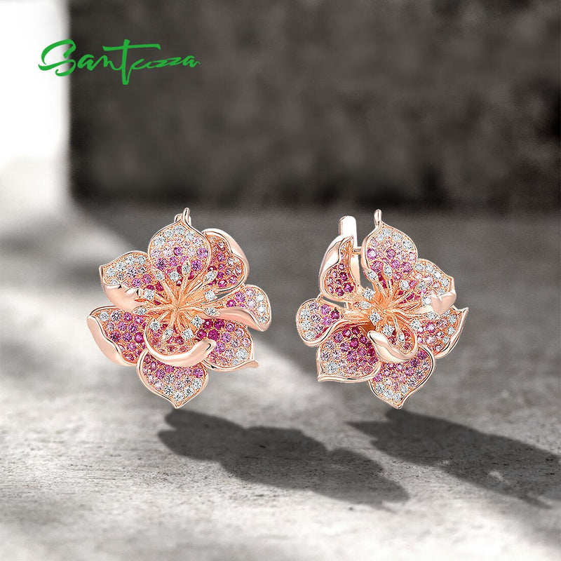 Sterling Silver Lab Created Ruby/Pink Sapphire White CZ Gradient Flower Earrings for Women