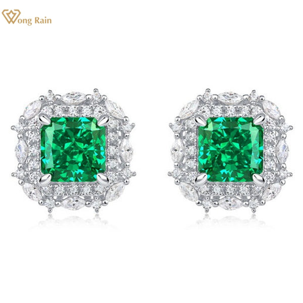 Wong Rain 925 Sterling Silver 7*7MM Crushed Ice Cut Emerald High Carbon Diamond Gemstone Studs Earrings Fine Jewelry Wholesale