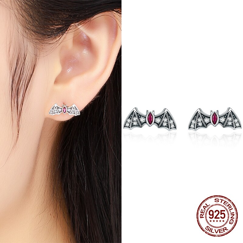 Sterling Silver Heart Wings Stud Earrings with Red & Black Zircon for Women