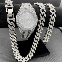 14k Gold Iced Out Diamond Wrist Watch and Chain Set for Men