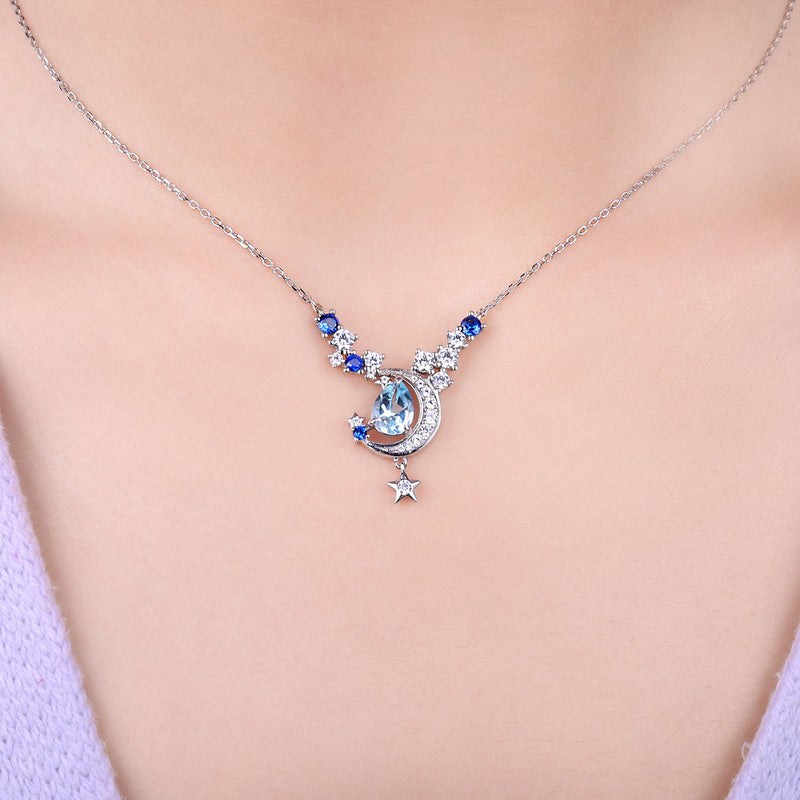 Sterling Silver Sky Blue Topaz and Sapphire Pendant Necklace for Woman