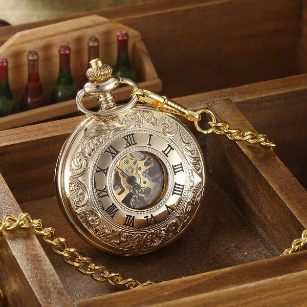 Silver-Tone Mechanical Skeleton Pocket Watch with Engraved Case and Fob Chain for Men and Women.