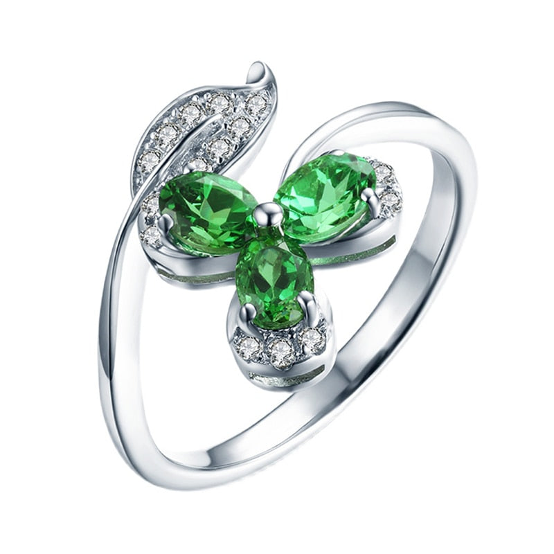 925 Sterling Silver Emerald Three Green Leaf Opening Ring for Women