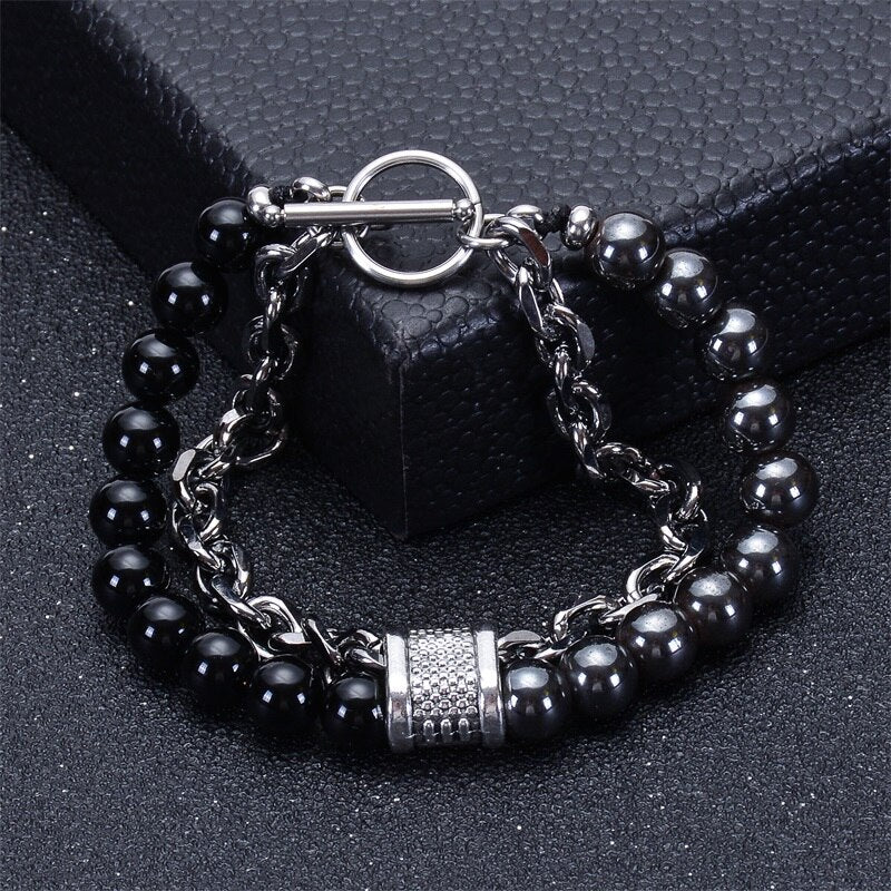 Stainless Steel Natural Map Stone Beaded Bracelet for Men