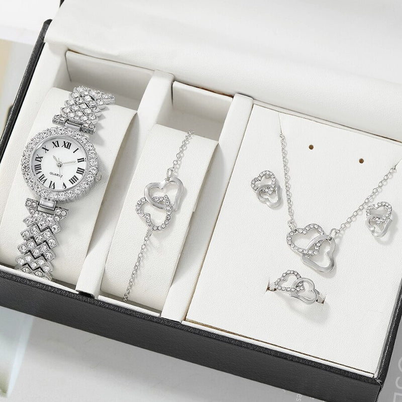 Stainless Steel Quartz Watch, Necklace, Bracelet & Earrings & Ring Set for Women