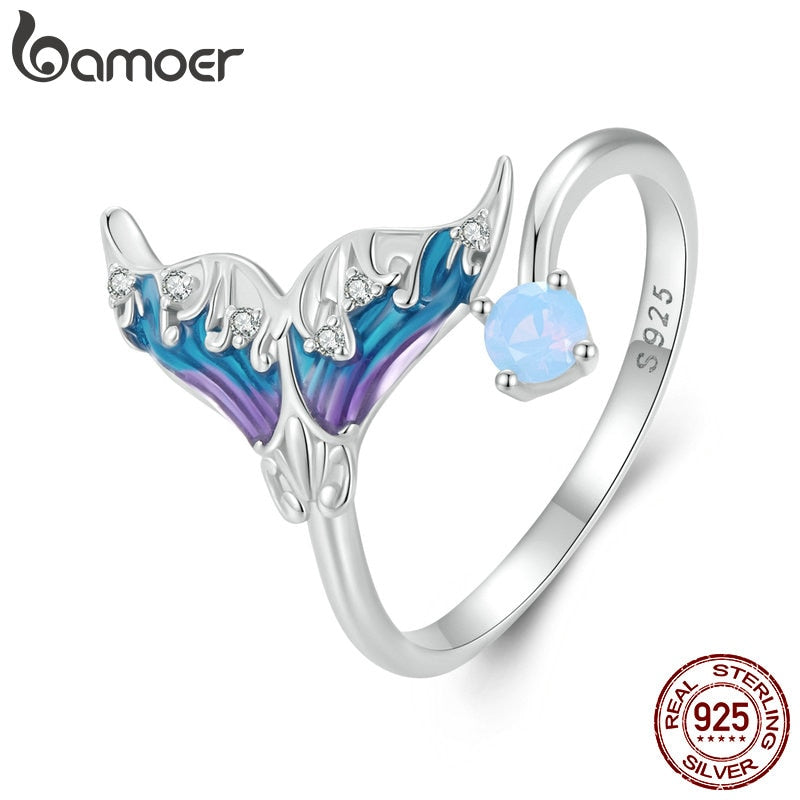 925 Sterling Silver Fantasy Mermaid Tail Opening Ring Colorful Enamel for Women