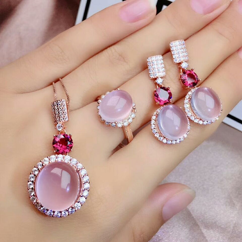 925 Sterling Silver Rose Quartz Gemstone Necklace Earrings and Ring Set for Women