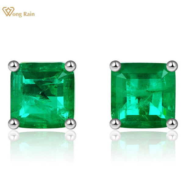 Wong Rain Vintage 925 Sterling Silver Emerald Cut Emerald Gemstone Earrings White Gold Ear Studs Fine Jewelry Wholesale