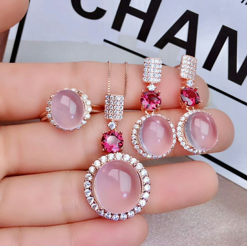 925 Sterling Silver Rose Quartz Gemstone Necklace Earrings and Ring Set for Women