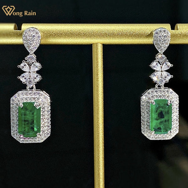 Wong Rain New In 925 Sterling Silver 6*10MM Emerald Lab Sapphire Gemstone Classic Drop Earrings For Women Wedding Fine Jewelry