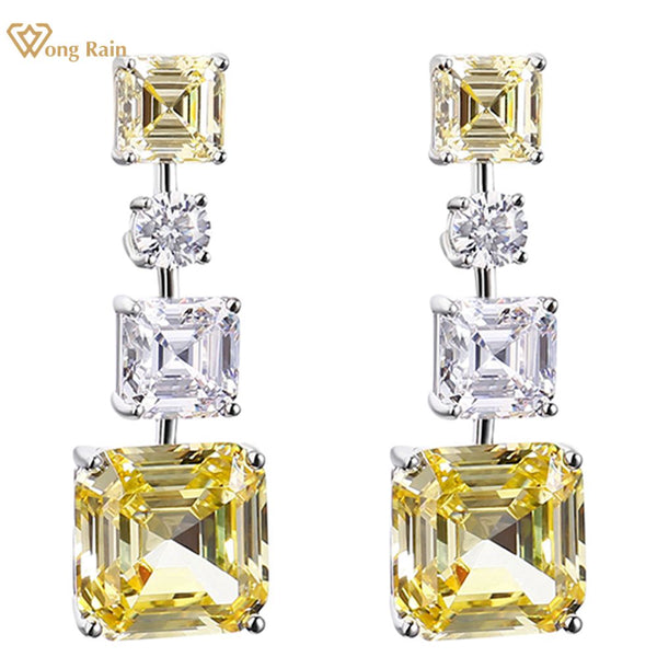 Wong Rain Solid 925 Sterling Silver Asscher Cut Citrine High Carbon Diamonds Gems Drop Dangle Earrings Fine Jewelry Wholesale