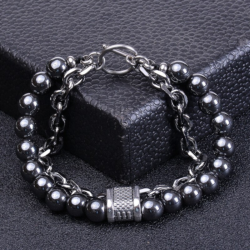 Stainless Steel Natural Map Stone Beaded Bracelet for Men