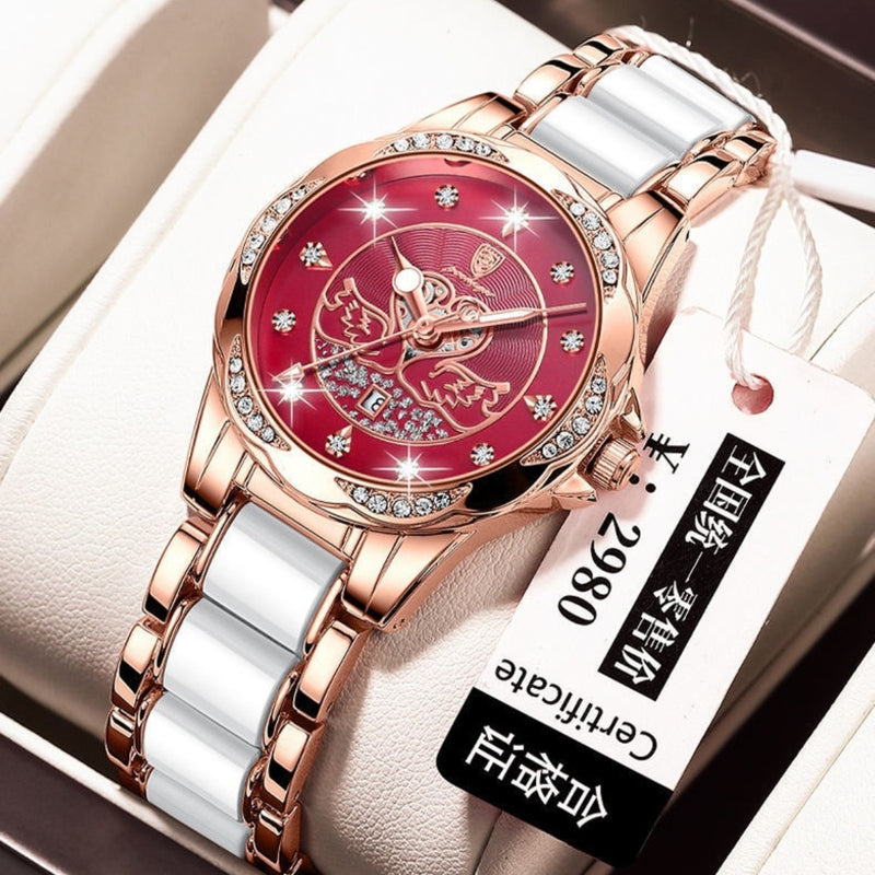 Rose gold Quartz Watch with Leather Bracelet for Women