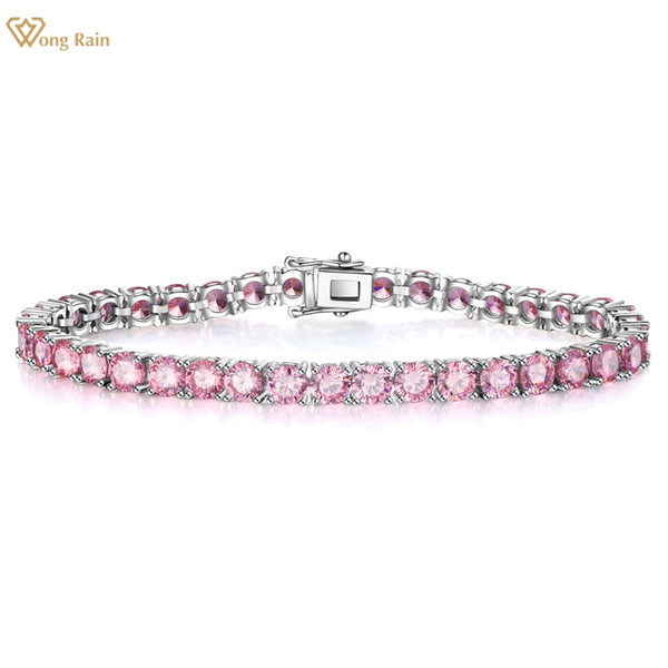 Wong Rain New In Solid 925 Sterling Silver 5MM Lab Pink Sapphire Gemstone Tennis Chain Bracelets Fine Jewelry Christmas Gift