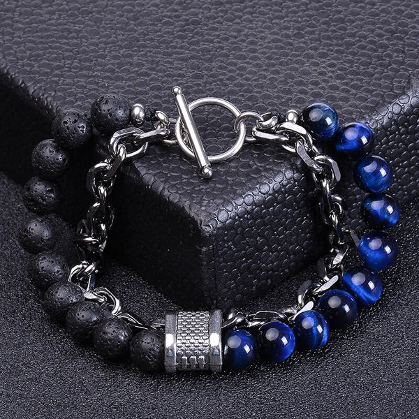 Stainless Steel Natural Map Stone Beaded Bracelet for Men