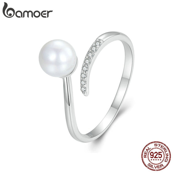 925 Sterling Silver Shell Pearl Opening Ring Zircon Adjustable for Women