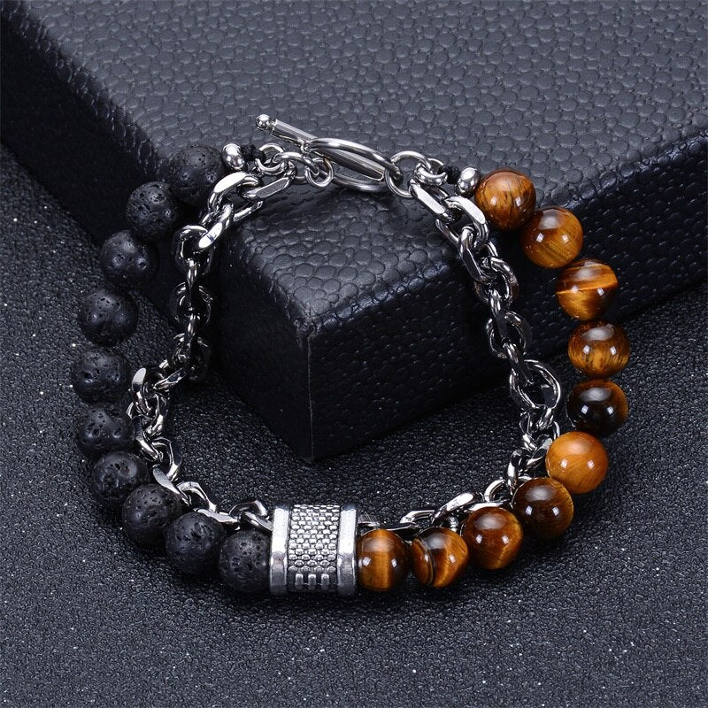 Stainless Steel Natural Map Stone Beaded Bracelet for Men