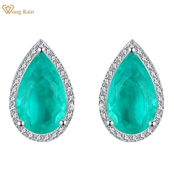 Wong Rain Vintage 925 Sterling Silver 6*9MM Pear Cut Lab Emerald Gemstone Stud Earrings Fine Jewelry For Women Wholesale