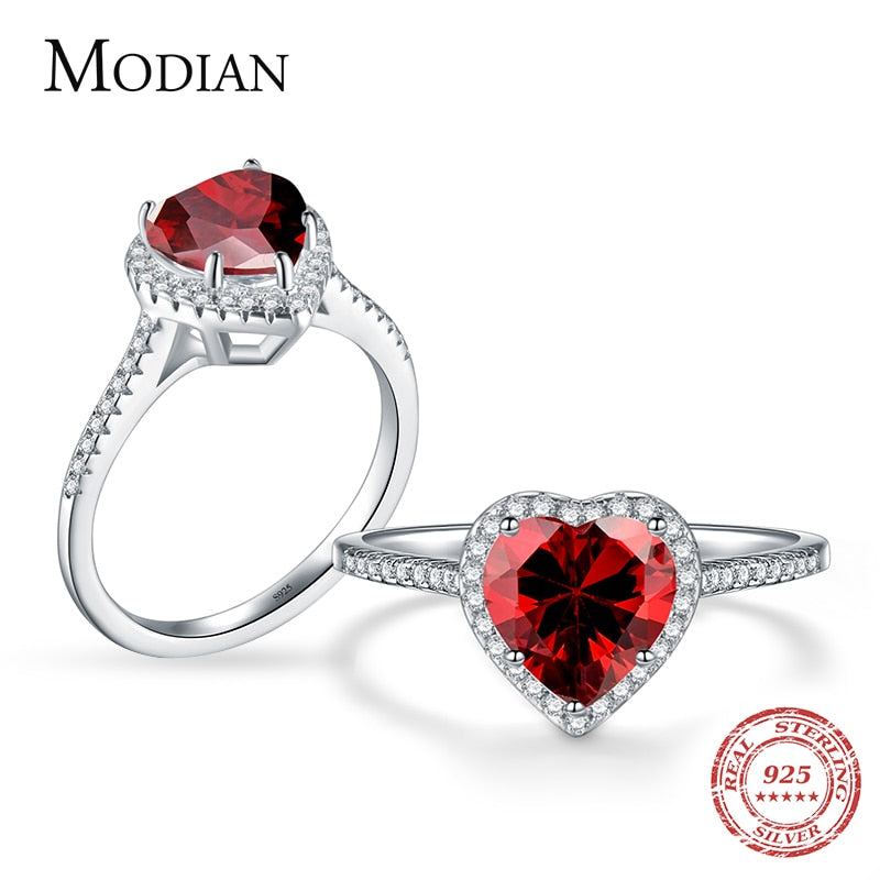 925 Sterling Silver Red Heart Ring with 5A CZ Zirconia for Women