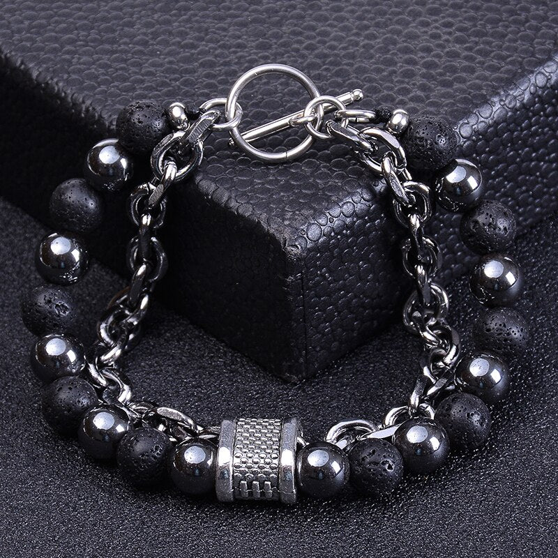 Stainless Steel Natural Map Stone Beaded Bracelet for Men