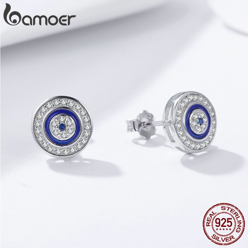 Sterling Silver Blue Zircon Evil Eye Stud Earrings for Women