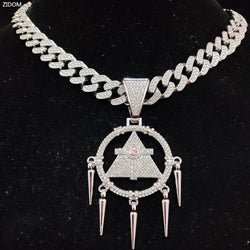 Silver Triangle Pendant Necklace with 13mm Crystal Cuban Chain for Men and Women