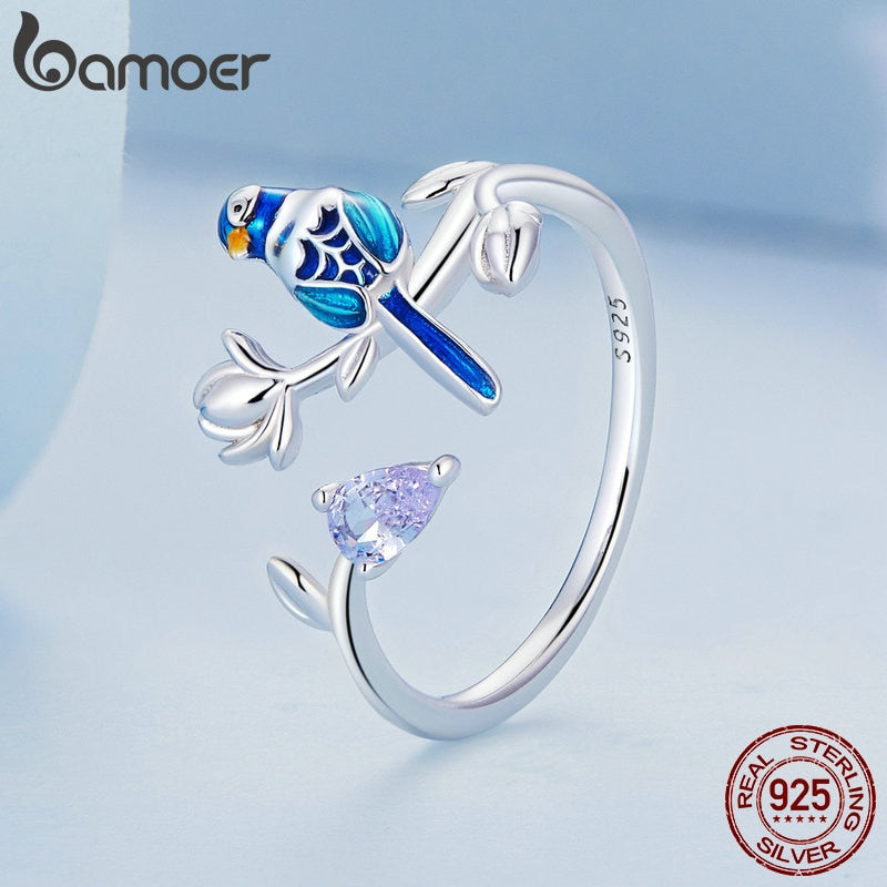 925 Sterling Silver Blue Bird Leaf Open Ring for Women