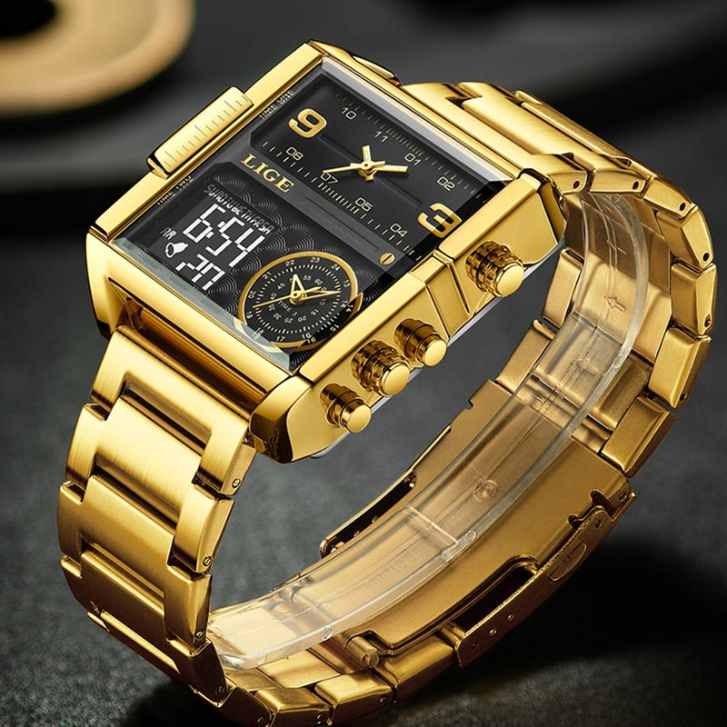 Gold Steel Square Digital Analog Quartz Watch for Man