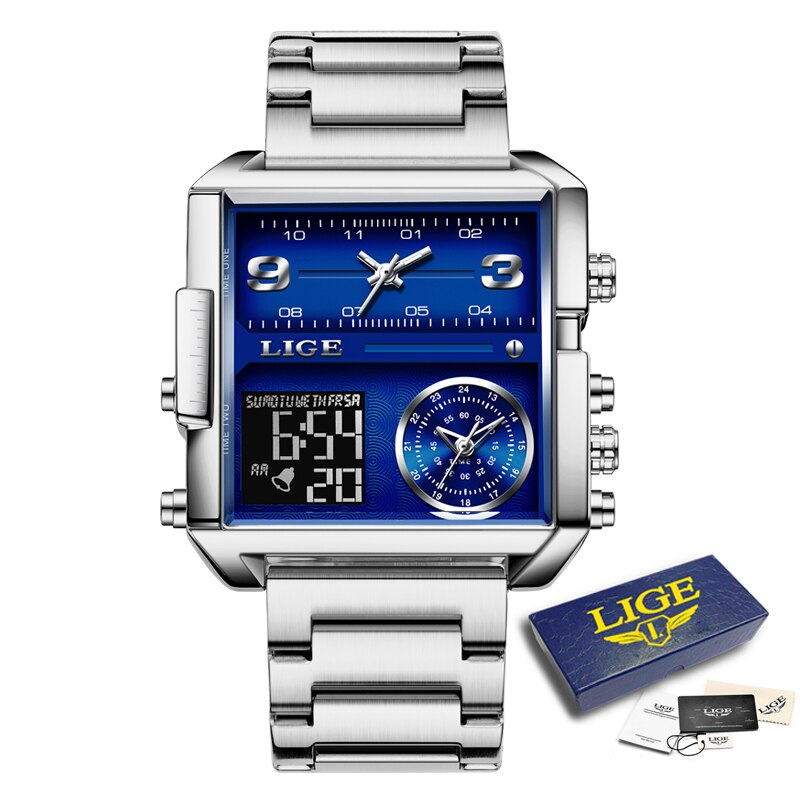 Gold Steel Square Digital Analog Quartz Watch for Man