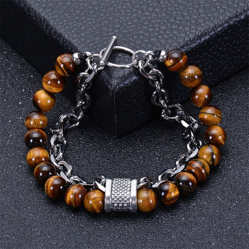 Stainless Steel Natural Map Stone Beaded Bracelet for Men