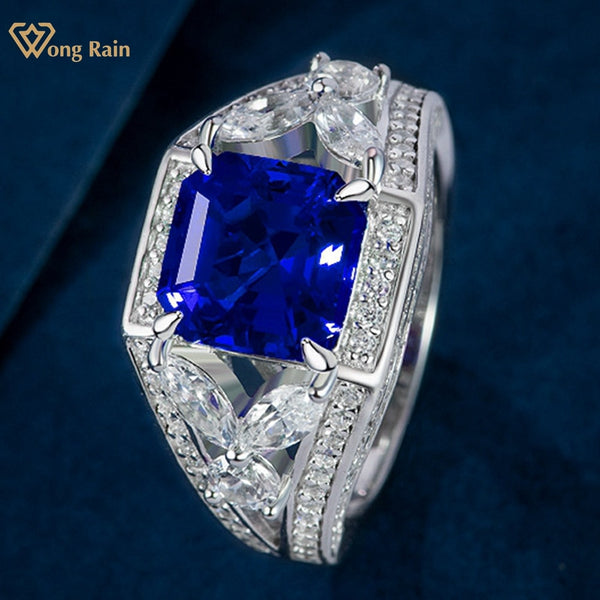 Wong Rain 925 Sterling Silver 8*8MM Sapphire High Carbon Diamond Gemstone Cocktail Ring for Women Anniversary Gifts Jewelry