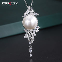 Sterling Silver White Big Pearl 14mm Pendant Necklace for Women