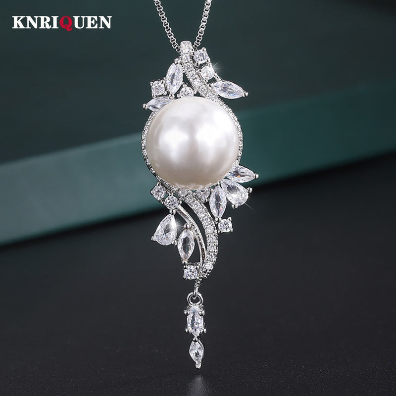 Sterling Silver White Big Pearl 14mm Pendant Necklace for Women