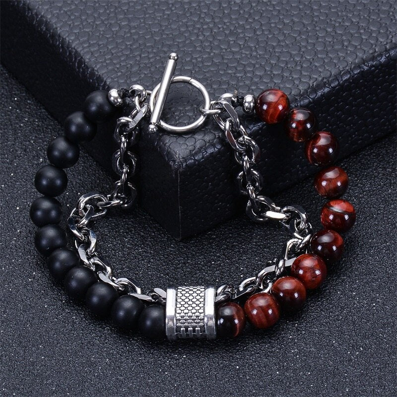 Stainless Steel Natural Map Stone Beaded Bracelet for Men