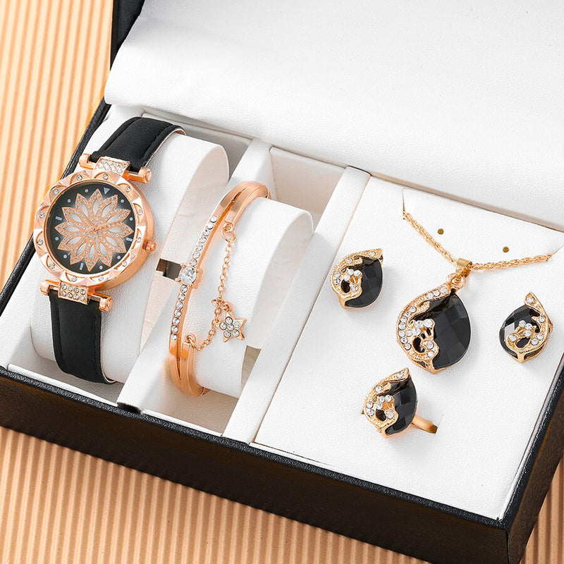 Sterling Silver Round Quartz Watch Necklace Bracelet Earrings Ring Set for Women